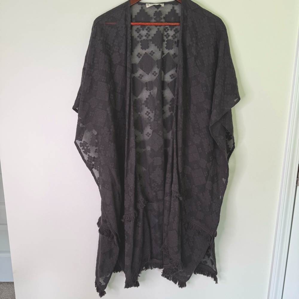 Lucky Brand Boho Neutral Fringe Lightweight Open Cardigan Kimono One Size